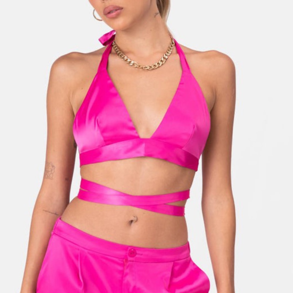 Pink satin tie crop top